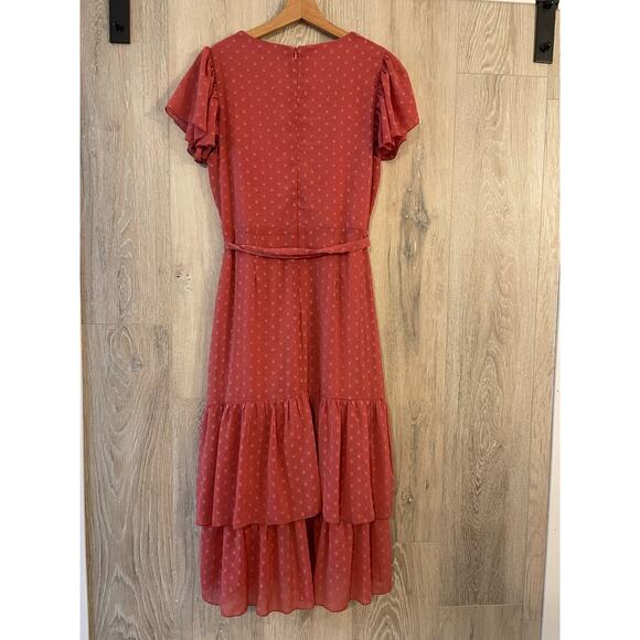 Lulus - Mauve Swiss Dot Ruffled Wrap Midi Dress / L / pink - Picture 3 of 5